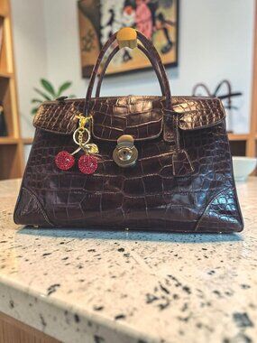 Embossed Rich Brown Leather Satchel/Briefcase with Rhinestone Cherries Like New